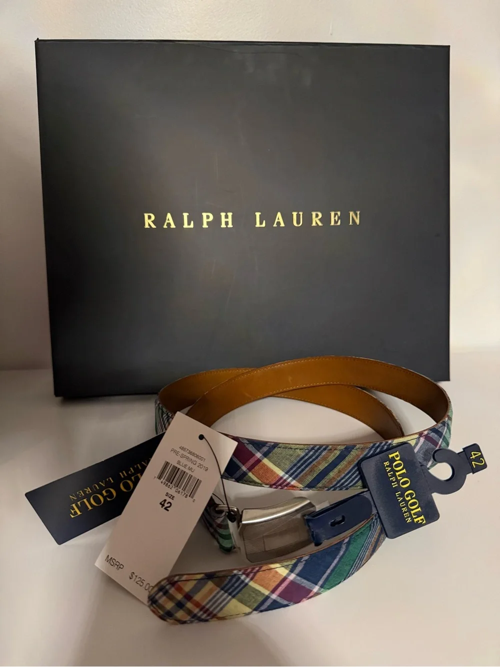 Polo Golf Ralph Lauren Men’s Plaid Belt Size 42 NWT Multicolor Leather